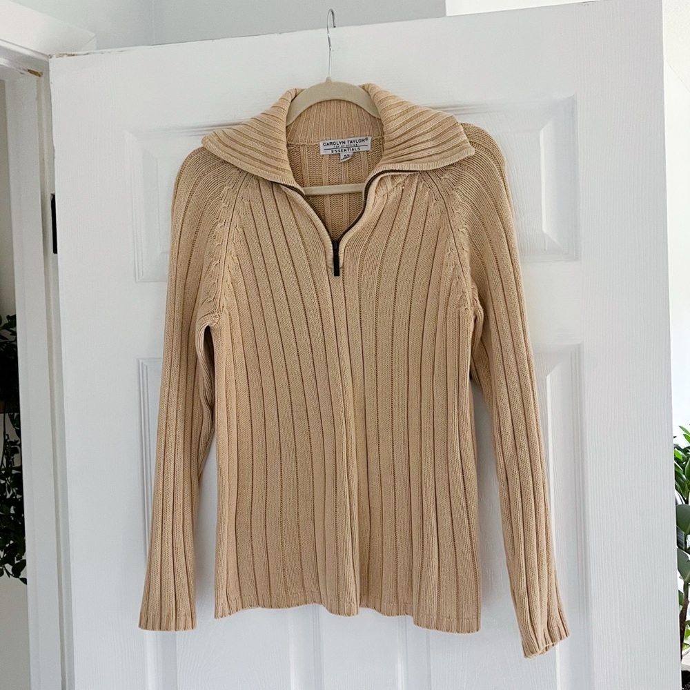 Carolyn Taylor Vintage Cotton Ribbed Tan Quarter Zip Turtleneck Sweater Medium